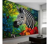 3D Panoramic Photo Wallpaper Animals Zebras Flowers Wall Mural Non-Woven Premium Art Print Fleece Wall Mural Photo Wallpaper Decoration Poster for Living Room Kids Bedroom, 250 x 175 cm, Blue Green