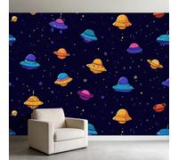 3D Panoramic Photo Wallpaper Cartoon Spaceship Celestial Bodies Wall Mural Non-Woven Premium Art Print Fleece Wall Mural Photo Wallpaper Decoration Poster for Kids Bedroom, 450 x 280 cm, Dark Blue