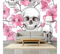 3D Panoramic Photo Wallpaper Gothic Skull Flowers Wall Mural Non-Woven Premium Art Print Fleece Wall Mural Photo Wallpaper Decoration Poster for Living Room Kids Bedroom, 250 x 175 cm, White