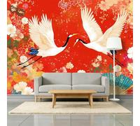 3D Panoramic Photo Wallpaper Japanese Style Animals Birds Flowers Wall Mural Non-Woven Premium Art Print Fleece Wall Mural Photo Wallpaper Decoration Poster for Kids Bedroom, 350 x 256 cm, Red