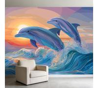3D Panoramic Photo Wallpaper Ocean Animals Dolphins Wall Mural Non-Woven Premium Art Print Fleece Wall Mural Photo Wallpaper Decoration Poster for Living Room Kids Bedroom, 250 x 175 cm, Color