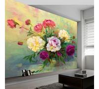 3D Panoramic Photo Wallpaper Retro Floral Peony Wall Mural Non-Woven Premium Art Print Fleece Wall Mural Photo Wallpaper Decoration Poster for Living Room Kids Bedroom, 400 x 280 cm, Yellow Green