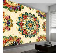 3D Panoramic Photo Wallpaper Traditional Floral Mandala Wall Mural Non-Woven Premium Art Print Fleece Wall Mural Photo Wallpaper Decoration Poster for Living Room Kids Bedroom, 500 x 280 cm, Yellow