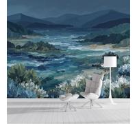 3D Panoramic Silk Wallpaper 250x175cm Bay Distant Mountains Vegetation Photo Wallpaper Mural, Scraper Landscape Oil Painting Wall Poster Art Photo Poster Decoration for Living Room Bedroom Office