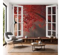 3D Panoramic Wallpaper 3D Simulation Window Opening Photo Mural Red Maple Leaf Secret Realm Silk Photo Wallpaper, 250x175cm Wall Covering for Living Room, Bedroom, Office Home Decoration, Claret