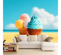 3D Panoramic Wallpaper 59 x 41 inch (W x H), Blue Non-Woven Photo Wall Mural for Bedroom Living Room Corridor - Premium Minimalism Ice Cream Sky Pattern