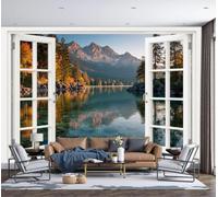 3D Panoramic Wallpaper Autumn Forest Photo Mural Snow-Capped Mountains Lakes View From Window Silk Photo Wallpaper, 400x280cm Wall Covering for Living Room, Bedroom, Office Decoration, Golden Green