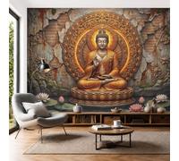 3D Panoramic Wallpaper Grotto Scripture Photo Mural Grotto Zen Statues Silk Photo Wallpaper, 300x210cm Wall Covering for Spiritual Home, Meditation Room and Yoga Spaces Decoration, Orange Gold