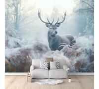 3D Panoramic Wallpaper Mural, 300 x 210 cm Photo Wallpaper Mural, Photography Winter Forest Stag Photo Wallpaper 3D Effect, White Wallpaper Mural - Poster Decoration for Bedroom Living Room Corridor