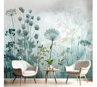 3D Panoramic Wallpaper Mural,300X210Cm Wall Poster Blue-Green Wild Grass and Flowers Art Print Design Photo Effect,Emerald Watercolor Landscape Decoration for Bedroom Living Room Corridor
