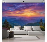 3D Panoramic Wallpaper Mural, 400X280Cm Wall Poster Sunset Over The Mountains Natural Scenery Art Photo Wallpaper 3D Effect, Green Wallpaper Mural,Poster Decoration For Bedroom Living Room Corridor