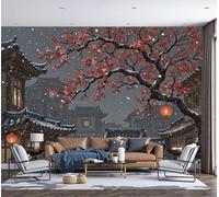 3D Panoramic Wallpaper Mural,450x315cm Wall Poster Black And Red Lanterns, Flowers, Trees, Street Scene Print Design Photo Effect,Chinese Style Illustrations Decoration for Bedroom Dining Room Feature