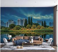 3D Panoramic Wallpaper Mural, Photo Wallpapers Murals, Modern City The City Is Reflected On The Lake. Photo Wallpaper 3D Effect, Dark Blue Wallpapers Mural - Poster for Bedroom Living Room Corridor