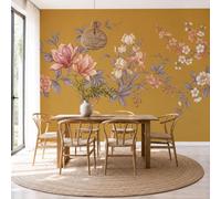 3D Panoramic Wallpaper Vintage French Floral Photo Mural Magnolia Iris Crabapple Branches Silk Photo Wallpaper, 350x256cm Wall Covering for Living Room, Bedroom, Office Home Decoration, Turmeric