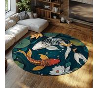 3D Paper Cutout Style Round Rug 60cm Machine Washable Non Slip Koi Fish Circular Rugs Abstract Lotus Flowers Lucky Foldable Carpet Large Low Pile Thin Throw Mat for Gallery Lounge Sunroom Study