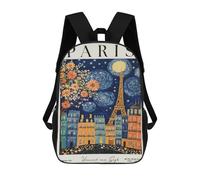 3D Paris Starry Night Van Gogh Travel 17 Inch School Backpack Student Casual Backpack For Kid's Children's Daypack Bookbag Hiking Sports Outdoor Work Travel Laptop Bag