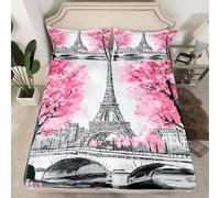 3D Paris Super King Fitted Sheet Cityscape Printed Bed Sheets 30 cm Deep Fitted Sheets Soft Microfiber Bedding 180x200 cm with 2 Pillowcases for kids and aldults C.L1176