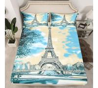 3D Paris Super King Fitted Sheet Cityscape Printed Bed Sheets 30 cm Deep Fitted Sheets Soft Microfiber Bedding 180x200 cm with 2 Pillowcases for kids and aldults C.L1085