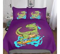 3D Pattern Cartoon T-Rex Comforter Cover, Soft Dinosaur Skate Club Duvet Cover King(220x240cm) with Pillowcase, Cozy Bed-Sets, Luxe Cartoon T-Rex Bedding Set for Kids Teens Adults