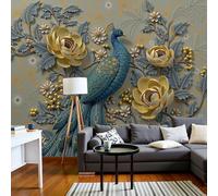 3D Peacock and Floral Patterns Wallpaper 200×150 Cm, Oriental Relief Art Non Woven Fabric Wallpaper for Living Rooms, Bedrooms, Kitchens, Foyer, and Offices, Beige