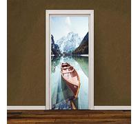 3D Peel and Stick Door Stickers Lake Boat W77 x H200 cm Self-Adhesive Door Wallpaper Waterproof Removable Door Murals Decal for Bedroom Wardrobe Home Office Decoration