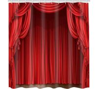 3D Performance Stage Shower Curtain Mould Proof Resistant Extra Long Shower Curtains 180 x 200 cm Drop Wet Room Waterproof Washable Fabric Red Bathroom Curtains with 12 Hooks f-635