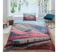 3D Peruvian Luxury Train Painting Hill Oil Painting Duvet Cover Sets Bedding 3Pcs Comforter Cover Soft & Cosy Printed Microfibre Quilt Covers Single（135x200cm）