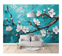 3D Photo Self-Adhesive Wallpaper Mural Vintage Oil Painting Floral Plum Blossom Cyan 100x70cm Effect Living Room Office Bedroom Dining Corridor Wall Posters