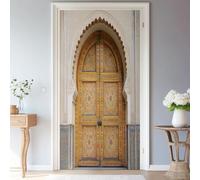 3D Photo Wall Mural Wallpaper Door Stickers Removable Self-Adhesive Murals Traditional Ornate Wooden Door Yellow Cream, for Bedroom House Doors Living Bedroom Office Wall Home Decoration, 77 x 200 cm