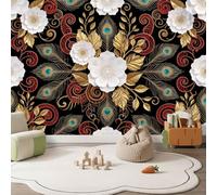 3D Photo Wall Mural Wallpaper Poster Luxurious Art 150 x 105 cm | Non-Woven Premium Floral Peacock Feathers Spiral Geometric Wall Mural, Black And Gold Poster Picture for Bedroom Living Room