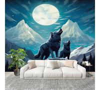 3D Photo Wallpape 200x140cm Animals Under The Moonlight A Wolf Howls Wall Mural Non-Woven Panoramic Poster Home Decoration Wallpaper Blue Murals for Living Room Bedroom Lounge Office
