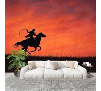 3D Photo Wallpape 200x140cm Cowboy Silhouette at Dusk Wall Mural Non-Woven Panoramic Poster Home Decoration Wallpaper Orange-Red Murals for Living Room Bedroom Lounge Office