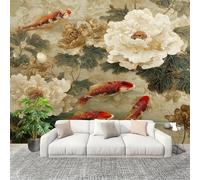 3D Photo Wallpape 250x175cm Chinese Floral Koi Wall Mural Non-Woven Panoramic Poster Home Decoration Wallpaper Light Brown Murals for Living Room Bedroom Lounge Office