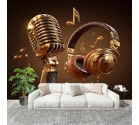 3D Photo Wallpape 350x256 cm Retro Music Theme Wall Mural Non-Woven Panoramic Poster Home Decoration Wallpaper Brown Murals for Living Room Bedroom Lounge Office