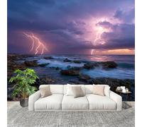 3D Photo Wallpape 350x256 cm Thunder and Lightning at The Seaside Wall Mural Non-Woven Panoramic Poster Home Decoration Wallpaper Pink Purple Murals for Living Room Bedroom Lounge Office