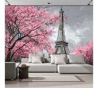 3D Photo Wallpaper 200 x 150 cm Mural Romantic Cherry Blossom Trees Non-Woven Art Print Murals, Indoor Famous Eiffel Tower Poster Picture Design for Living Room Tv Backdrop Kids Room Decor Grey