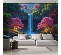 3D Photo Wallpaper 200x140cm Art Wall Mural Silk 3D Pink Trees Waterfalls Rivers Panoramic Poster Dreamy Natural Landscape Mural Wallpaper Poster TV Background Decoration for Living Room Bedroom