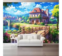 3D Photo Wallpaper 350 X 256 Cm Cartoon Village Green Cottage Garden Wall Mural Non-Woven Panoramic Poster Home Decoration Wallpaper Murals for Living Room Bedroom Office