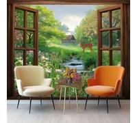 3D Photo Wallpaper 400 X 280 Cm Green Deer Shadows and A Blooming Stream Pastoral Scenery Photo Poster Mural Wallpaper, DIY Wall Art Mural Waterproof Wall Papers, for Living Room Bedroom Nursery