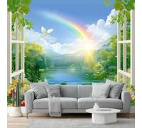 3D Photo Wallpaper 400 X 280 Cm Green Rainbow Lake Pastoral Style Photo Poster Mural Wallpaper, DIY Wall Art Mural Waterproof Wall Papers, for Living Room Bedroom Nursery Home Decor