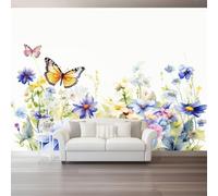 3D Photo Wallpaper 400 X 280 Cm Watercolor Blue Wildflowers Butterfly Wall Mural Non-Woven Panoramic Poster Home Decoration Wallpaper Murals for Living Room Bedroom Office