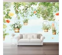 3D Photo Wallpaper 400 X 280 Cm Watercolor Green Plants Green Hanging Basket Fern Wall Mural Non-Woven Panoramic Poster Home Decoration Wallpaper Murals for Living Room Bedroom Kids Room Office