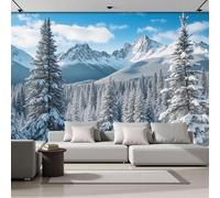 3D Photo Wallpaper 500 x 350 cm Mural A Tranquil Forest Non-Woven Art Print Murals, Indoor Winter Snow-Capped Mountains Poster Picture Design for Living Room Tv Backdrop Kids Room Decor Dark Green