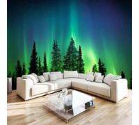 3D Photo Wallpaper Aurora Borealis Wall Mural Decoration W300xH210 | Pine Forest Silhouette Premium Non-Woven Wallpaper Wall Art Poster for Living Room Bedroom Kids Room Office 1-68