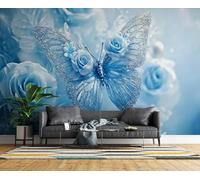 3D Photo Wallpaper Blue Butterfly Modern Wall Mural Non-Woven Poster 150x105 cm Roses Dreamy Wall Art Wallpaper Decoration for TV Background Living Room Bedroom R-40