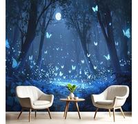 3D Photo Wallpaper Butterflies and Fireflies 250x175cm - Magic Forest Silk Cloth Mural Wallpaper, Blue Wall Stickers Art Wall Mural for Living Room Sofa Tv Background Bedroom