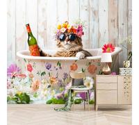3D Photo Wallpaper Cartoon Cat Taking A Bath 400(W) x280(H) cm Wall Mural Flowers Non-Woven Peel and Stick Self-Adhesive Premium Art Print Decor for Living Room Bedroom