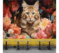 3D Photo Wallpaper Cats Floral Animals Wall Mural Decoration Poste Premium Non-Woven Wall Mural Wallpaper Wall Art for Living Room Bedroom Children's Room Office W300xH210cm 1yf123