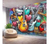 3D Photo Wallpaper Colorful Graffiti Style Music Street Art Pattern Non-Woven Mural Wallpaper for Living Room Bedroom Kid Room Home Decoration, 200 x 140 cm Panoramic Poster Wallpaper