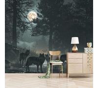 3D Photo Wallpaper Dark Forest Wolves 150(W) x105(H) cm Wall Mural Night Horror Atmosphere Non-Woven Peel and Stick Self-Adhesive Home Decoration Bedroom Kitchen Wall Paper